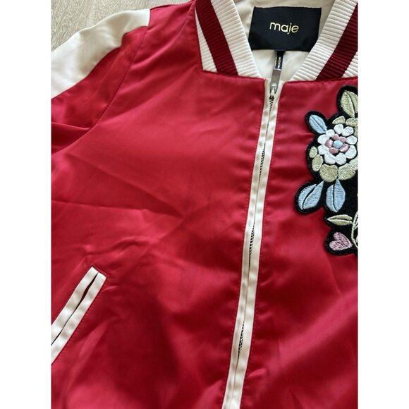 Maje Red Satin Floral Applique Bomber Jacket Size 38 - Picture 7 of 14